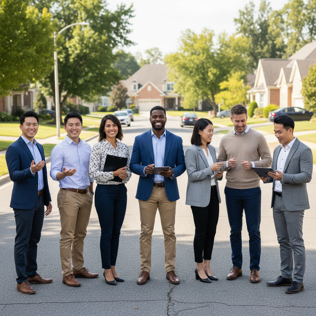 Paggetts diverse door-to-door sales team standing together in a residential neighborhood